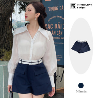 Quần short phối màu cho nữ dáng cạp cao vải trắng có túi trước Twenty.Five QH27