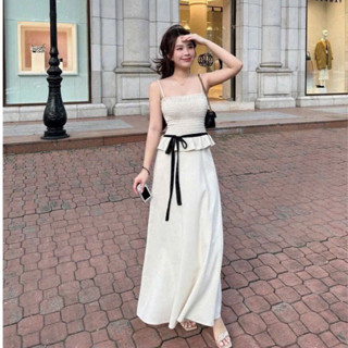 Set Đồ Nữ Áo Peplum 2S Mocking Linen Viền Bèo Kèm Dây Cột Eo Phối Chân Váy Maxi Dáng Dài Sang Chảnh