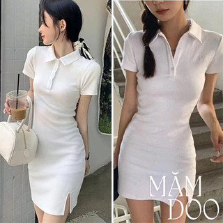 Váy Body Cổ Bẻ Polo MĂMDOO Xẻ Trước Chất Thun Gân Tăm Đầm Ôm Dáng Ngắn. Đầm Body nữ Cổ Polo Xẻ đùi quyến rũ