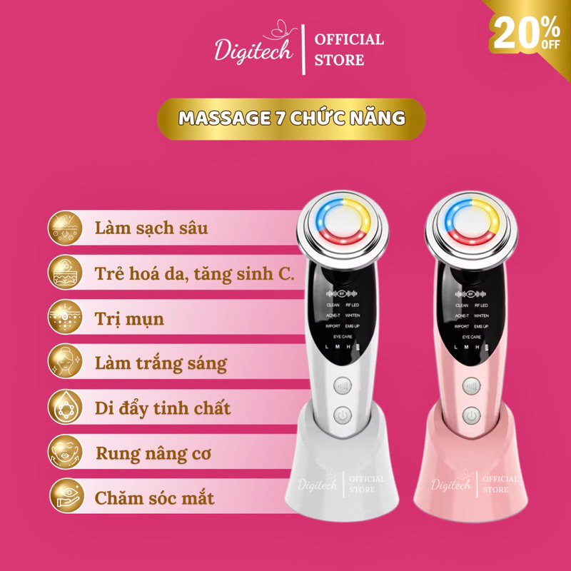 Máy massage mặt 7 chức năng- Trẻ hoá da, làm sạch sâu, Nâng cơ, Chăm sóc da bằng Ánh sáng LED & Rung nhiệt 45°C