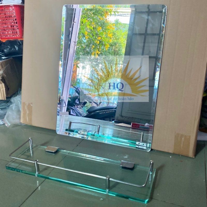 Bộ gương soi kt 35x45cm và kệ kiếng rào Inox 304 kèm pk pas treo