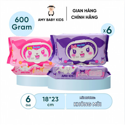 5 Gói Gói Khăn Giấy Ướt 600Gr Amy Kids Không Mùi An Toàn Cho Bé Gói Hồng & Tím