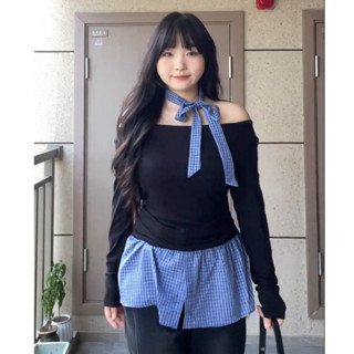 (SẴN) Áo Bigsize trễ vai nữ 55-100kg đen xanh caro kèm khăn cổ dành cho mùa Thu Đông 2024 thanh lịch dễ thương