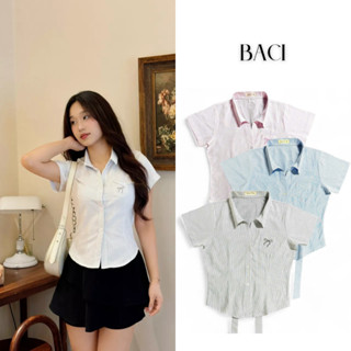 Áo Sơ Mi Kẻ Sọc Ngắn Tay Siết Eo Cột Nơ [BACI] Dáng Ôm, Dây Buộc Sau Eo, Chất Liệu Oxford 3 Màu (BC003)