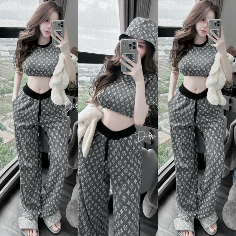 Set Bộ Xám Áo Thun Tay Ngắn Croptop In FULL Lờ Vê + Quần Lưng Viền Ống Xuông Rộng