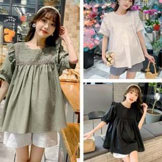  Áo bầu thiết kế nữ Bầu Xinh VyVy vải đũi hình cổ tròn ren nhiều màu 