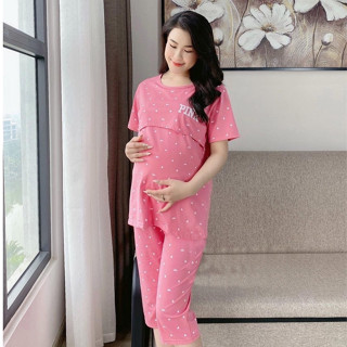 Bộ bầu lửng pink Bầu Xinh VyVy chất vải mềm mịn thoáng mát áo mở nắp quần có cúc chỉnh chun tiện lợi 