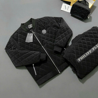  Áo khoác  bomber nam Philipp Plein trần trám thêu logo sắt ngực phối vạch da tag chữ  Hottrend 