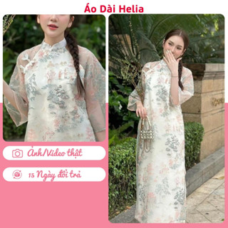 Áo Dài Tết 2025 - Áo dài cách tân von tơ 4 tà họa tiết thủy mặc phối tay lỡ xinh xắn Helia AD006