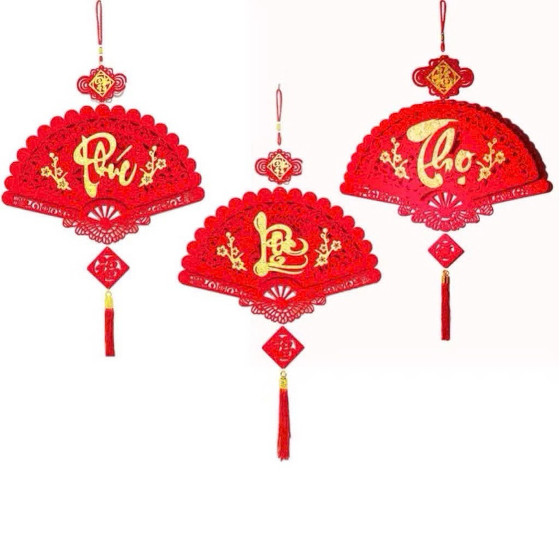 Set 3 Khách Quạt (Phúc Lộc Thọ)size 45cm Dây Treo Nhung Đỏ Chúc Mừng Năm Mới .Phụ Kiện Decor Trang Trí Tết 2025