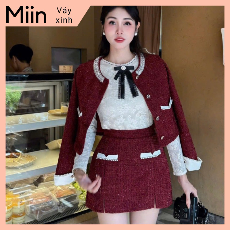 Set dạ viền trắng 4 túi (áo khoác + chân váy)