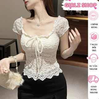 Áo Kiểu Ren Tay Ngắn Cổ Vuông Có Lót Ngực Ôm Body Girlz Shop, Áo Ren Kiểu Trễ Vai Thắt Nơ Ngưc Sexy Quyễn Rũ -a99