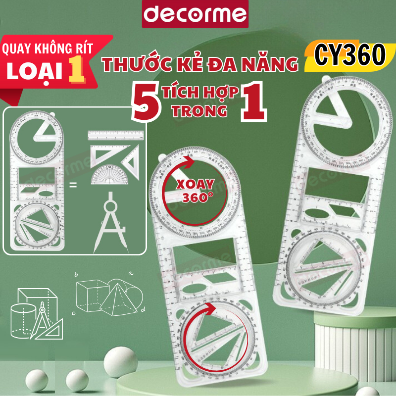 Thước kẻ đa năng CY360 5 trong 1 Decorme thước hình học đa năng xoay 360 độ kẻ được nhiều hình tiện dụng cho học sinh
