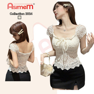 Áo ren hoạ tiết nữ ngắn tay trễ vai ôm body, Áo kiểu nữ chất ren cổ vuông thắt nơ ngực phong cách gợi cảm AsimeM - A119
