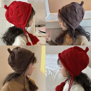Mũ nón len trùm đầu cho bé và mẹ dây tua rua chất len mềm ấm áp 2-8 tuổi