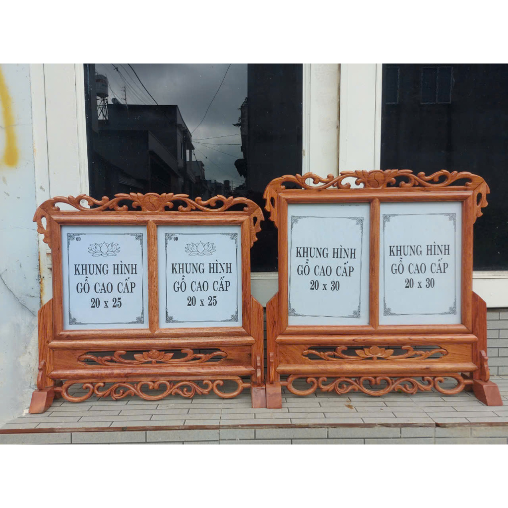 Khung ảnh thờ đôi-Khung ảnh thờ 2 ảnh gỗ hương có vách ngăn giữa 20X25 cm và 20x30 cm