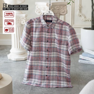[Bigsize] Áo sơ mi Sọc Caro tay ngắn vạt ngang, vải linen mềm mịn thoáng mát, form regular- Bravery
