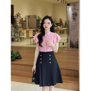 chân váy chữ A xếp ly phối cúc