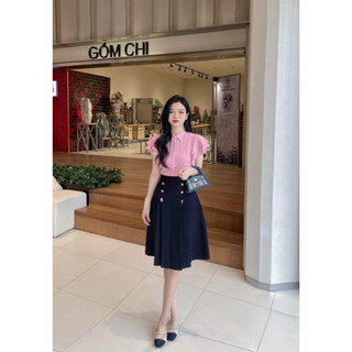 chân váy chữ A xếp ly phối cúc