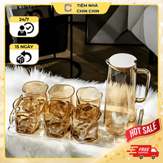  Bộ Cốc Bình Thuỷ Tinh Siêu Đẹp Họa Tiết Xếp Ly Hình Qủa Trám Cao Cấp Dung Tích 1500ml M04 