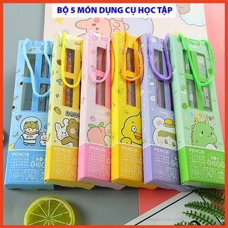 Bộ Dụng Cụ Học Tập 5 Món Có Quai Xách Cho Học Sinh, Set 5 Đồ Dùng Học Tập Gồm Bút Chì + Tẩy + Thước Kẻ + Gọt Bút Chì