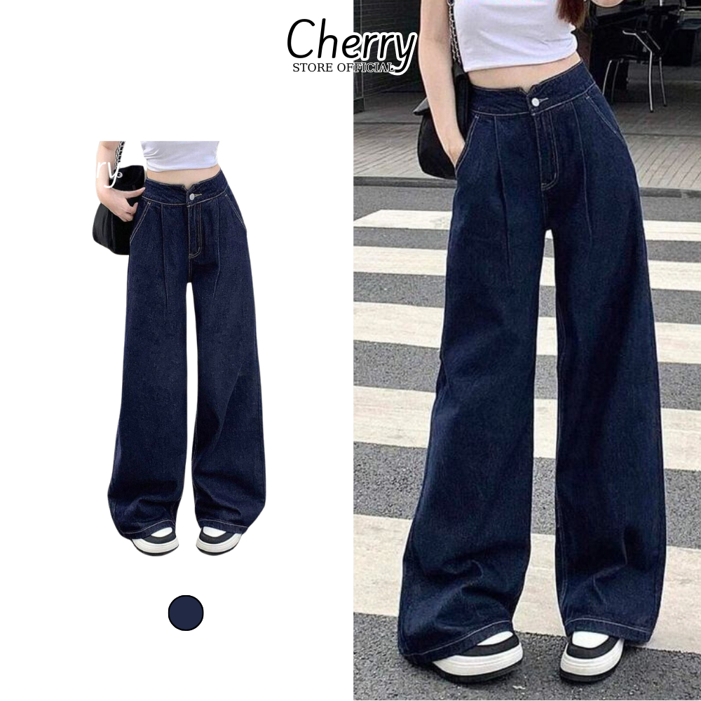 Quần jean nữ CHERRY ống rộng cạp cao tôn dáng vải Demin cao cấp dày đẹp T140