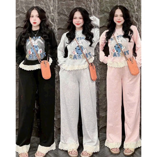 SET ĐỒ NỮ, Set Bộ Tăm Lạnh Thỏ RaBBiT Áo Thun Thụng Tay Dài Viền Ren + Quần Ống  Xuông Rộng _Viền Ren _ Xưởng May Thu Lê