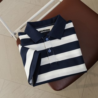 Áo thun polo nam  MANSALOR kẽ sọc xanh navy sọc kem vải cotton Pique cao cấp, chuẩn form - MANDINNI