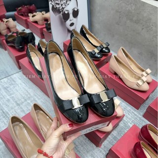 (668-2) + 888-5 Giày cso gót búp bê nơ bóng full hộp đỏ chât da bóng gót trụ vuông QCCC