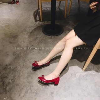 (668-2) + 888-5 Giày cso gót búp bê nơ bóng full hộp đỏ chât da bóng gót trụ vuông QCCC