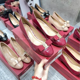 (668-2) + 888-5 Giày cso gót búp bê nơ bóng full hộp đỏ chât da bóng gót trụ vuông QCCC
