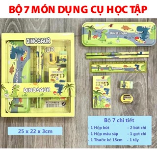 Bộ dụng cụ học tập 7 món cho bé hàng cao cấp nhiều mẫu gồm hộp bút, hộp màu, bút chì, thước kẻ, gọt chì, tẩy