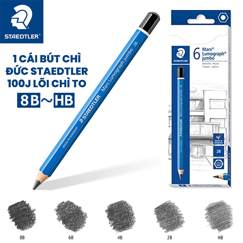 Bút chì ĐỨC STAEDTLER JUMBO 100J thân to lõi chì to phác thảo, ký họa đủ độ đậm từ HB đến 8B (1 cái)