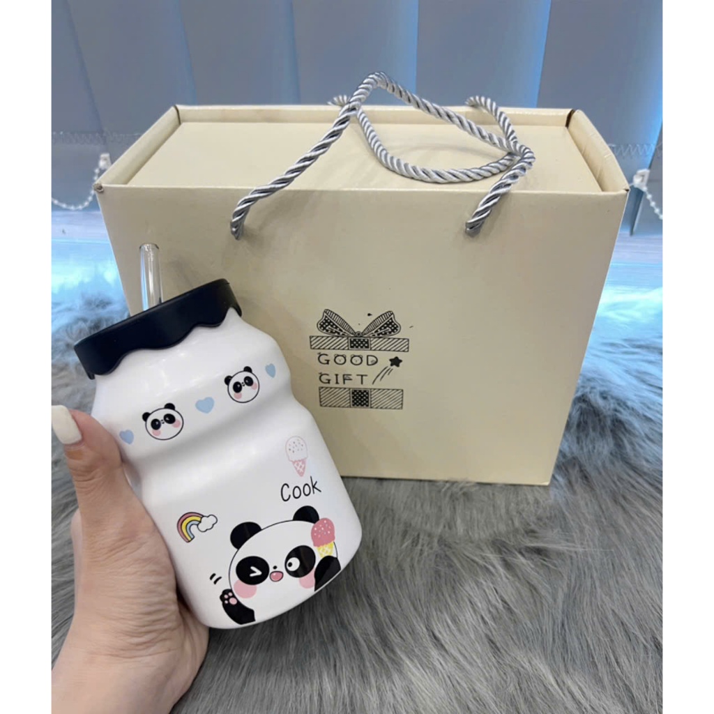 quà tặng Ly sứ , cốc sứ kèm ống hút , 3196 ly sứ quà tặng họa tiết gấu trúc dễ thương - SH gốm sứ