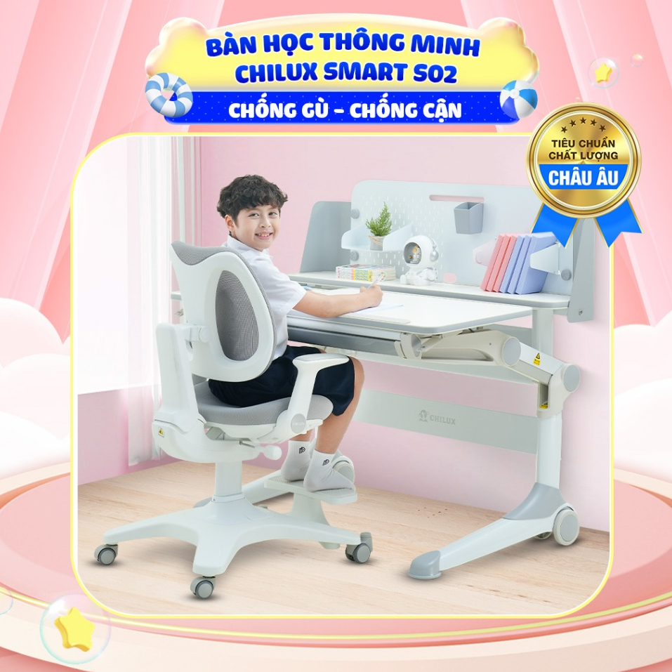 Bàn học cao cấp Chilux Smart S02 cho bé chống gù, chống cận, phân chia ngăn khoa học