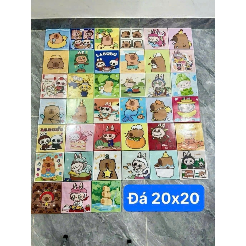 Tranh đính đá có khung capybara, labubu, đoremon, cinamll, pikachum, kuromi kèm dụng cụ khổ 20x20
