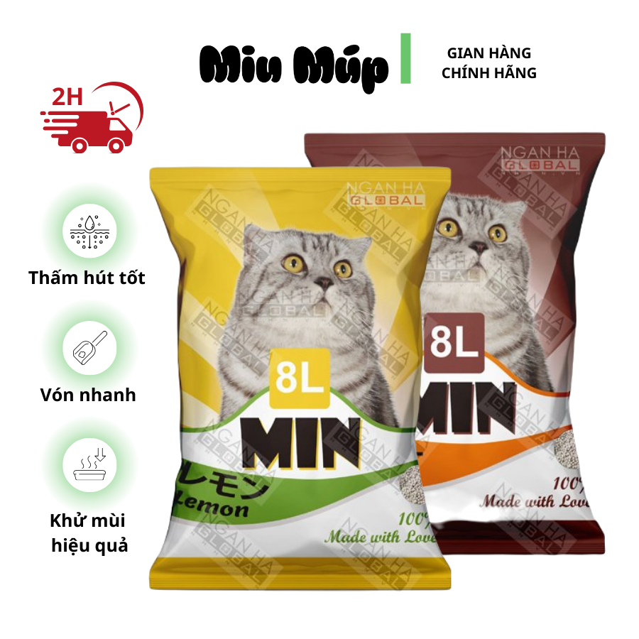 Cát vệ sinh cho mèo MIN 8L, Cát vệ sinh cho mèo khử mùi, vón cục xuất xứ Nhật Bản túi 8L