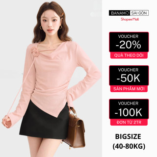  Áo thun nữ BIGSIZE Banamo Sài Gòn áo thun dài tay đính hoa vải vạt chéo phối dây rút nhún eo phong cách Hàn Quốc 3117 