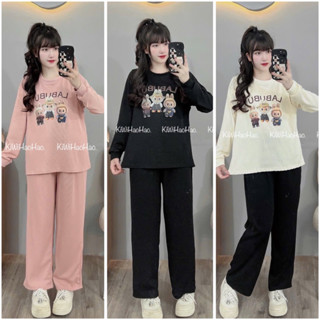  Bộ bầu bộ sau sinh - Bộ Tăm Dài Tay Hình 3 Con Labubu - áo vén ti quần có chun chỉnh tiện lợi 