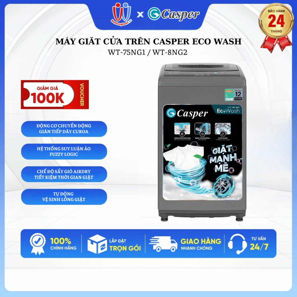 [GIAO LẮP 0Đ HN] Máy giặt cửa trên Casper 7.5 kg WT-75NG1 - Hàng Chính Hãng