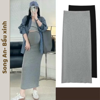  chân váy bầu dáng suông dài Song An đuôi cá chất cotton zip co giãn 4 chiều mặc nhẹ thoải mái có chun chỉnh bụng 