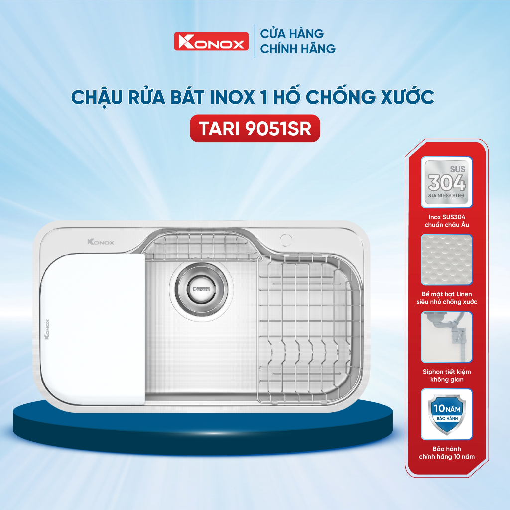 [TẶNG BỘ DAO] Bồn rửa chén inox 1 hố chống xước Konox TARI 9051SR