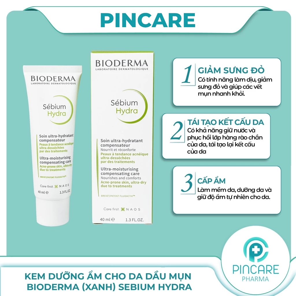 Kem dưỡng ẩm cho da khô Bioderma xanh Sebium Hydra 40ml - Hàng chính hãng - PINCARE Health & Beauty