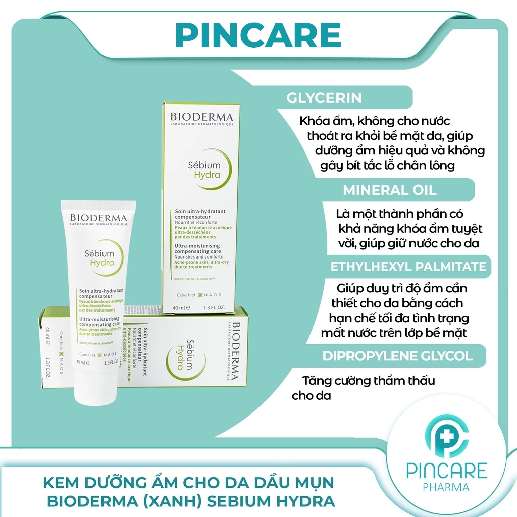 Kem dưỡng ẩm cho da khô Bioderma xanh Sebium Hydra 40ml - Hàng chính hãng - PINCARE Health & Beauty