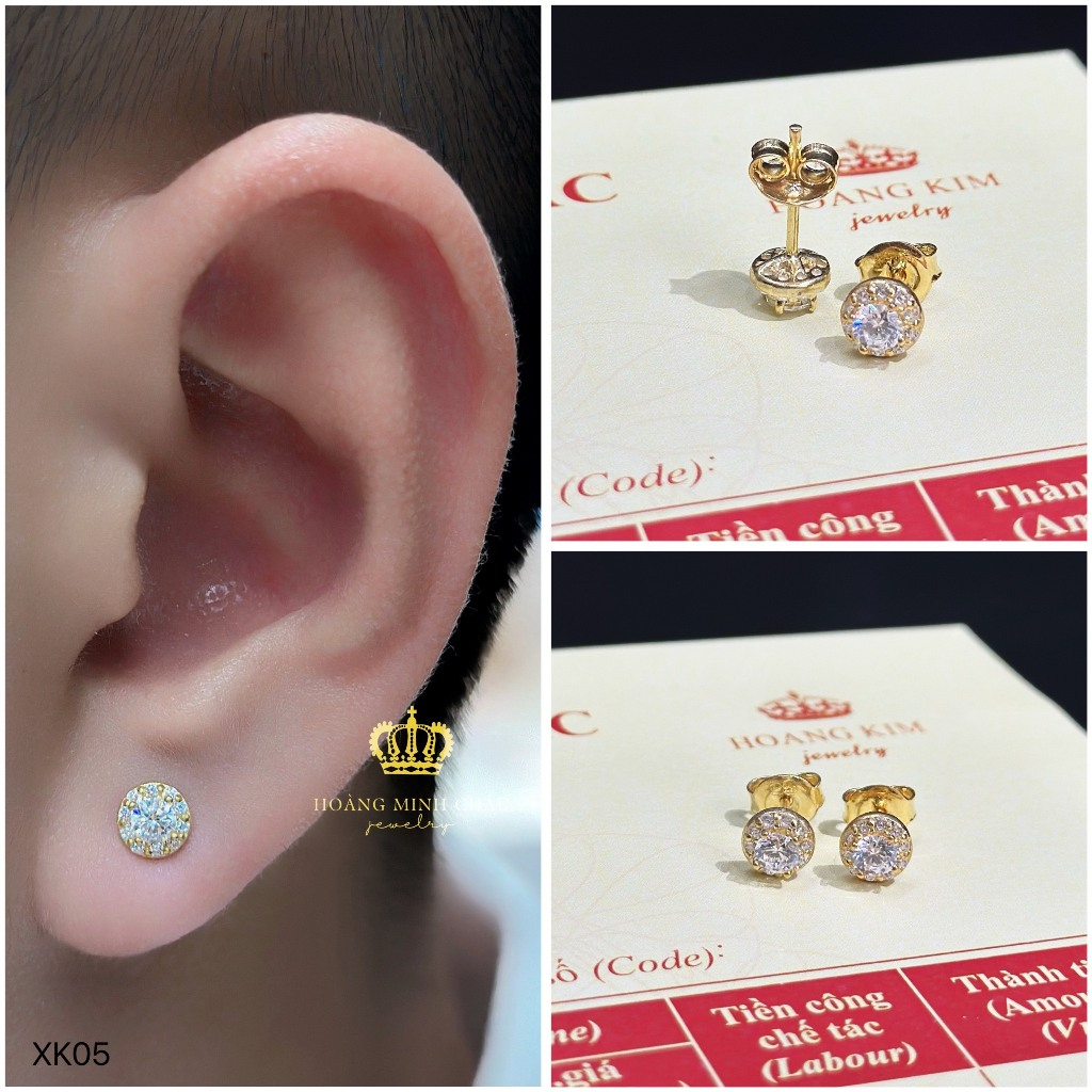 Bông tai nam nữ bạc xi vàng 18K Hoàng Minh Châu Jewelry XK05 - khuyên tai bạc XI VÀNG 18K