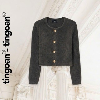 TINGOAN® - Áo len lông bông xù xám đậm dáng lửng phối cúc kim loại LISA LOVE TOP/GR