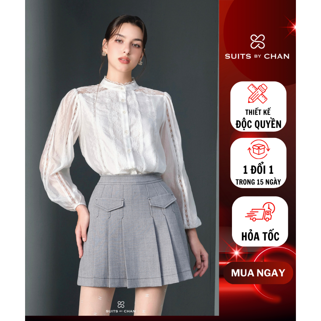 SuitsByChan-Áo sơ mi nữ tay dài Nissa phối ren, Chân váy xếp li dáng A phối túi-SCAO00053 SCCV00043