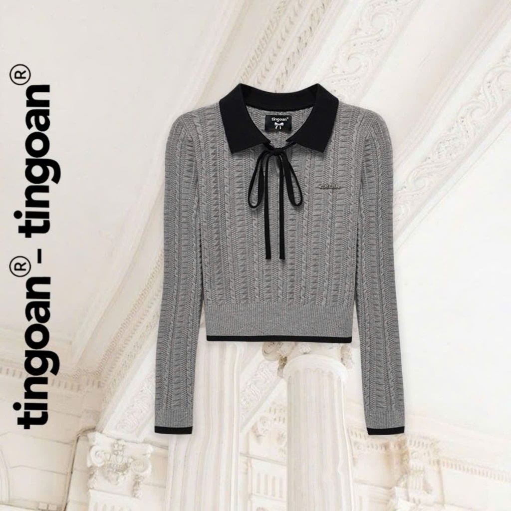  TINGOAN® - Áo len xù xám đậm dáng lửng phối cổ bẻ dây nơ đen HELLEN TOP GR 