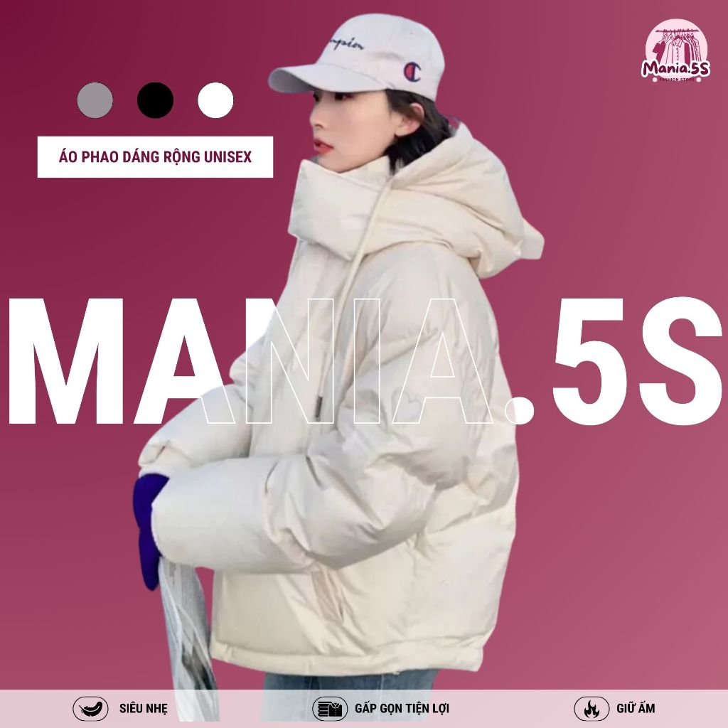 [Voucher 30K] Áo Khoác Phao unisex MANIA.5S, Áo Phao có mũ dáng rộng nam nữ lông vũ từ 40-80kg mã 2