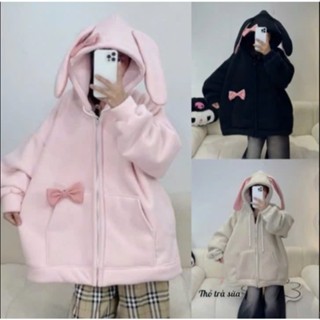 Hoodie Zip - Áo Khoác Hoodie Zip Phối Tai Thỏ Hồng Nữ  mũ rộng chất nỉ 2 da dày dặn ấm áp phong cách trẻ trung dễ thương